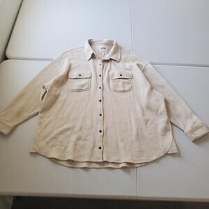 Aerie Button Up Shirt Womens Medium Lumber Jane Beige Waffle Knit Long Sleeve